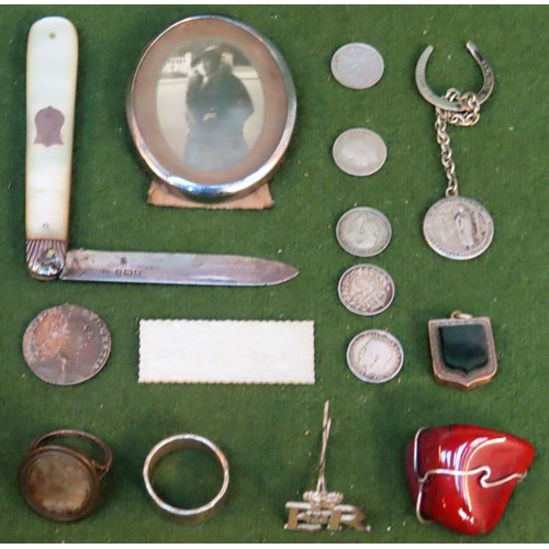 315 - Sundry lot including 1787 Silver coin, silver and mother of pearl fruit knife, small photo frame, ma... 