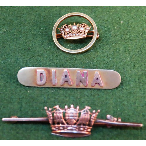 318 - 9ct gold DIANA brooch, plus two other 9ct gold brooches. Total weight 12.6G