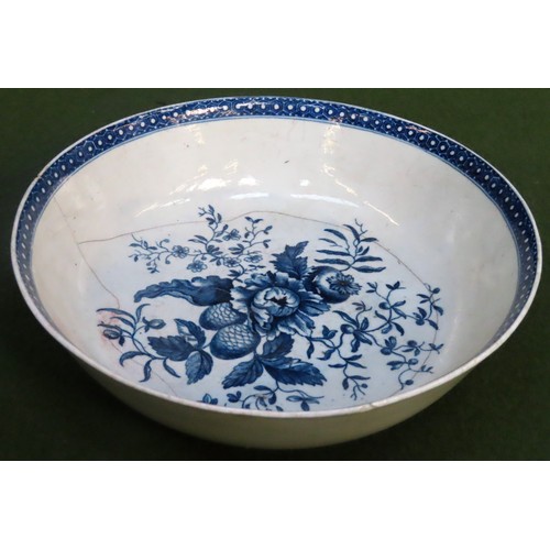 230 - Large 18th century Worcester blue and white glazed ceramic bowl with floral decoration, stamped with... 