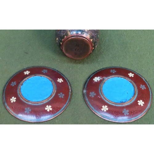 228 - Pair of 19th century Japanese Cloisonné small plaques, plus similar vase. Vase Approx. 16cms H