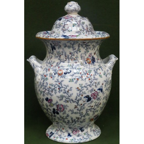 213 - Large Lady Peel glazed ceramic floral decorated two handled urn with cover. Approx. 45cms H