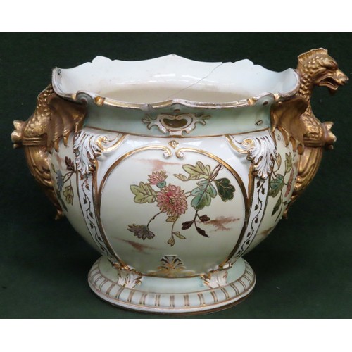 197 - Large Victorian heavily gilded and floral decorated ceramic Jardinière. Approx. 26cms H