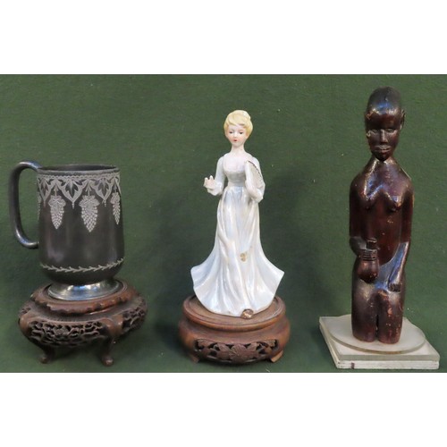 219 - Mixed lot Inc. pair of Oriental piercework stands, pewter tankard, African carving, plus ceramic fig... 