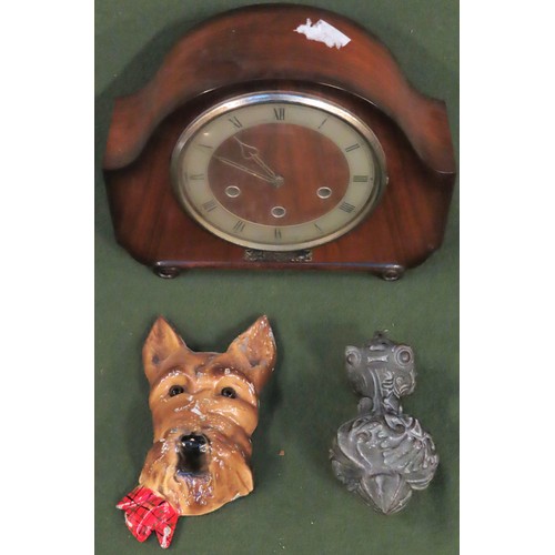 32 - Sundry lot Inc. wooden cased mantle clock, heavy bronze coloured Victorian curtain opener, plus pain... 