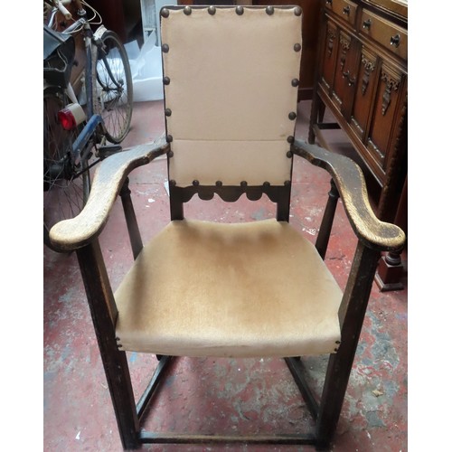 174 - Antique country style Oak upholstered armchair. Approx. 99cm H x 62cm W x 43cm D