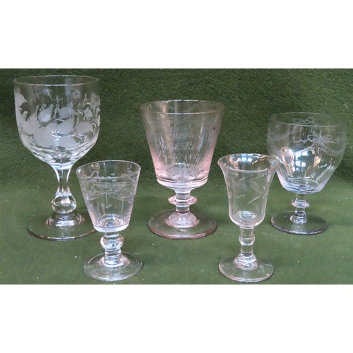 34 - Five various 19th century etched glasses