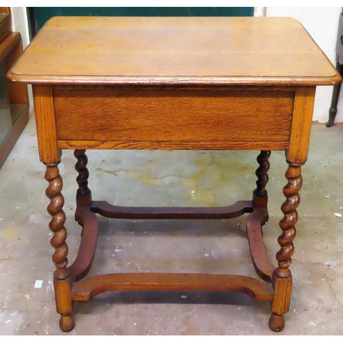 132 - Early 20th century barley twist oak side table on stretchered supports. Approx. 79cm H x 77.5cm W x ... 