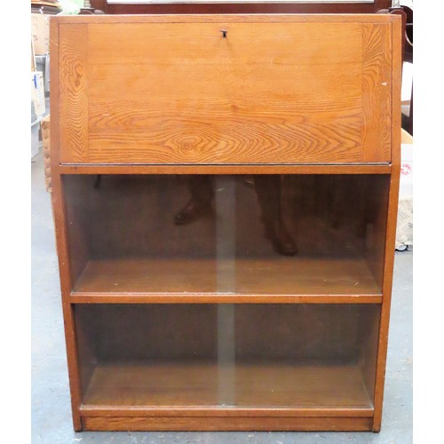 302 - 20th century oak fall front bureau with glass sliding door below. Approx. 100cms H x 76cms W x 26cms... 