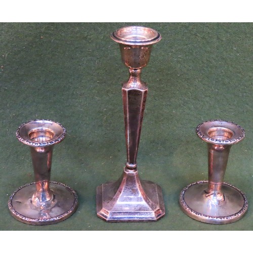 301 - Pair of small hallmarked silver candlesticks and another candlestick. Total Weight 411.9G