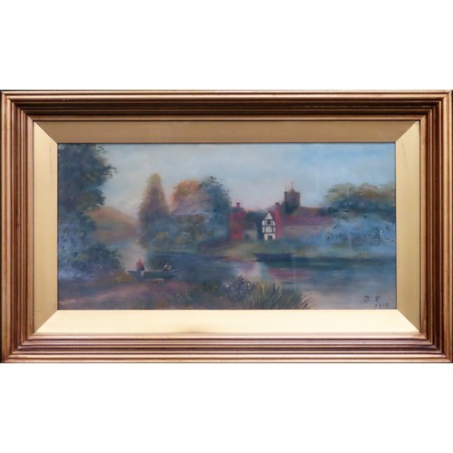 18 - Early 20th century gilt framed and glazed Oil on Canvas depicting a riverside village scene with fig... 