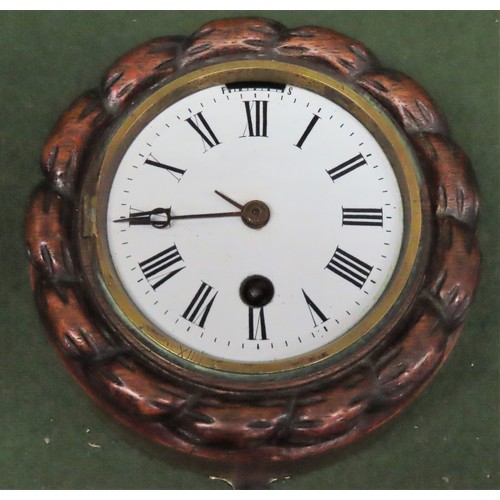 32 - Late 19th/early 20th century carved oak framed circular small wall clock, with enamelled circular di... 