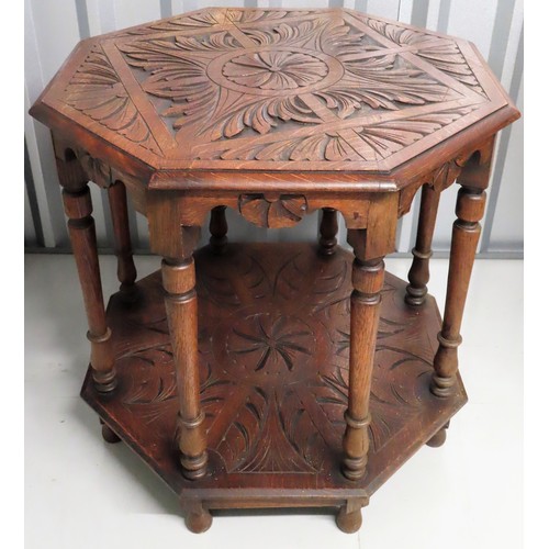 46 - Late 19th/Early 20th century heavily carved oak octagonal side table. Approx. 75cm H x 75cm W x 76cm... 