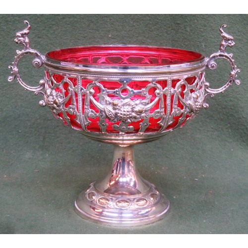 14 - WMF silver plated and piercework decorated stemmed two handled sweet dish with cranberry glass liner... 