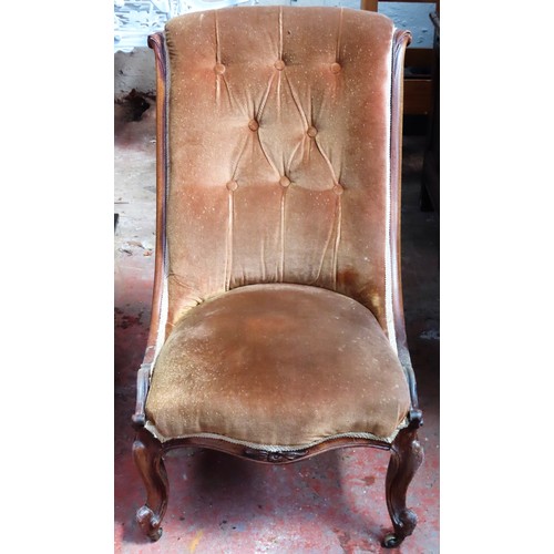 98 - Victorian mahogany upholstered low seated nursing chair. Approx. 86cm H x 51cm W x 74cm D