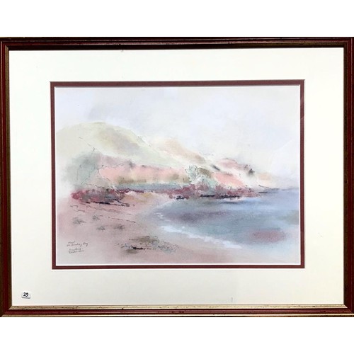 42 - ANDRE BEAUVAIS- MIST ON BOULEY BAY, ISLAND OF JERSEY, FRAMED SOFT PASTEL, APPROXIMATELY 24cm x 33cm