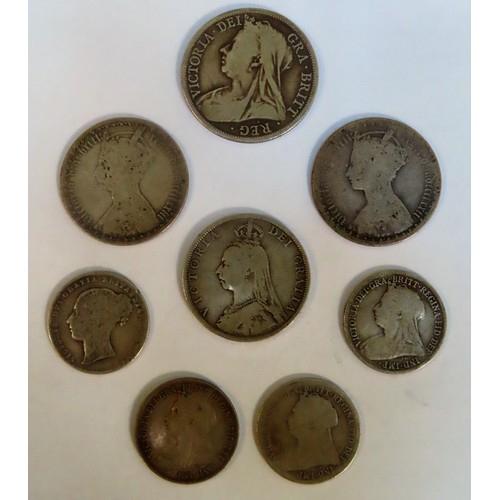 306 - Parcel of Victorian Silver Coinage including Half Crown, two Florins, Double Florin, plus four shill... 