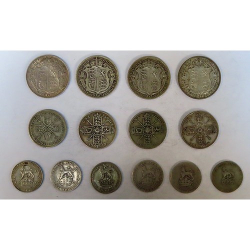 298 - Parcel of George V Silver coinage including four Half Crowns, four Florins, plus six Shillings. Tota... 