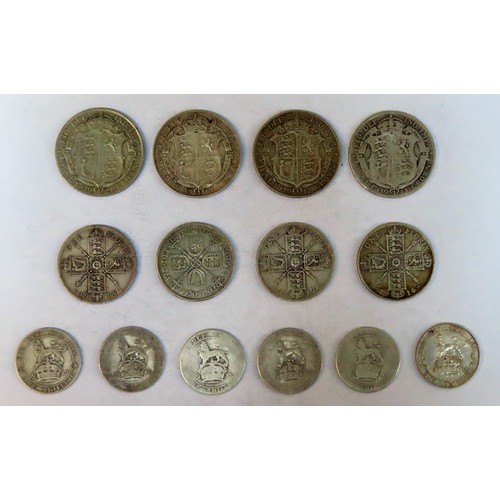 297 - Parcel of George V Silver coinage including four Half Crowns, four Florins, plus six Shillings. Tota... 