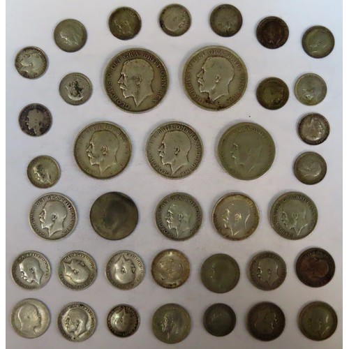 307 - Parcel of George V Silver coinage including two Half Crowns, three Florins, five Shillings, plus twe... 