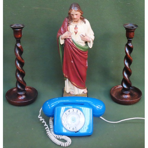 124 - Sundry lot including pair of oak barley twist candlesticks, figure of Jesus, plus vintage telephone