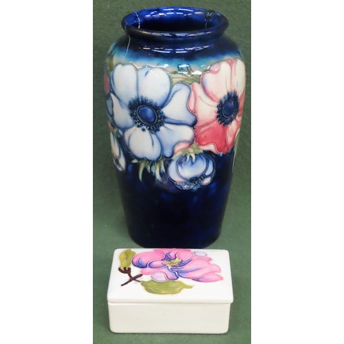 117 - Moorcroft blue ground floral decorated ceramic vase, plus Moorcroft Cream ground storage box with co... 