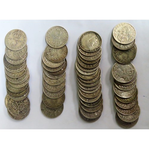 308 - Large selection of George V silver 3d pieces. Approx. 81.5g