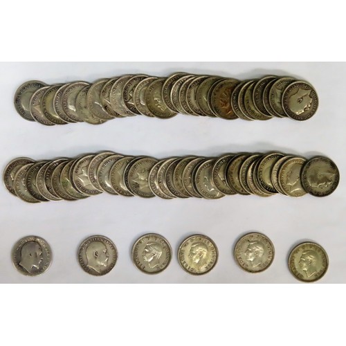 310 - Two Edward VII silver six pence pieces, Four George VI silver six pence pieces, plus large quantity ... 