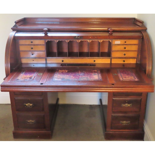 1 - Victorian mahogany 6 drawer pedestal roll top desk, with pull out fitted writing section interior. A... 