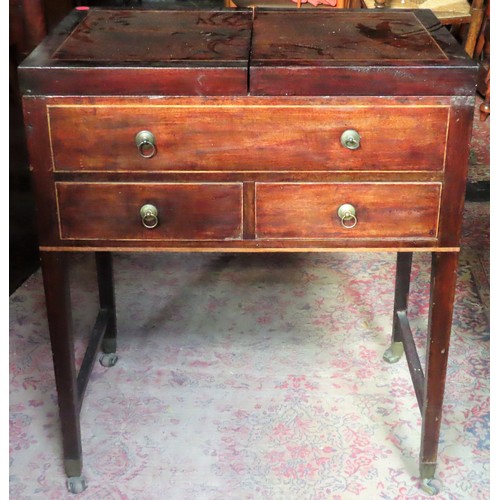 26 - Antique Mahogany Regency style string inlaid fold out dressing table. App. 82cm H x 69.5cm W x 45cm ... 