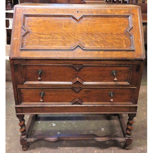 93 - Early 20th century oak barley twist fall front writing bureau. Approx. 96cms H x 77cms W x 40cms D