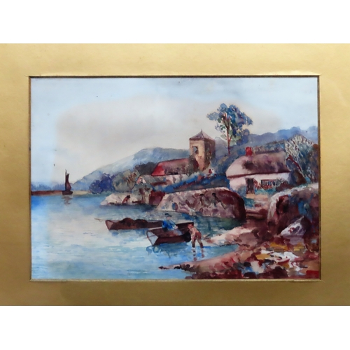 103 - Victorian gilt framed watercolour depicitng a coastal village scene, unsigned. Approx. 24cms x 32cms