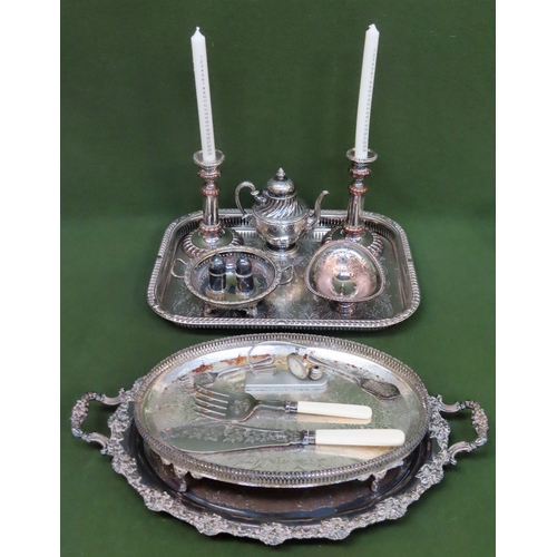 98 - Parcel of silver plated ware Inc. serving trays, candlesticks, coffee pot, silver banded fish server... 