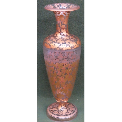 89 - 19th century heavily gilded leaf decorated glass vase. Approx. 39.5cms H