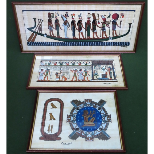 70 - Three various framed Egyptian style panels on silk. Largest Approx.