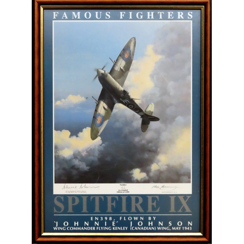 82 - Mark Postlethwaite - Framed polychrome print - Spitfire IX. Signed by Johnnie Johnson and the artist... 