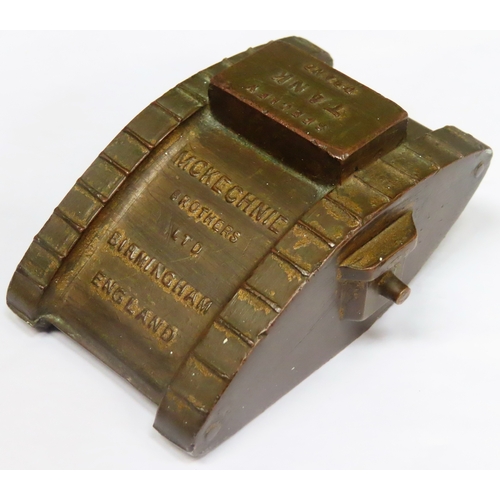 264 - Interesting WW1 bronze model tank form paperweight, by McKechnie Bros Metal Works.