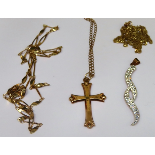 292 - Gold coloured cross, on 9ct gold chain, plus clear stone set pendant, gold chains, etc. Total weight... 