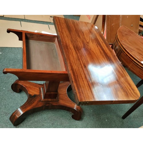 19 - MAHOGANY FOLD OVER TABLE WITH INTERIOR COMPARTMENT. APP. 74CM H x 92CM W x 91CM D