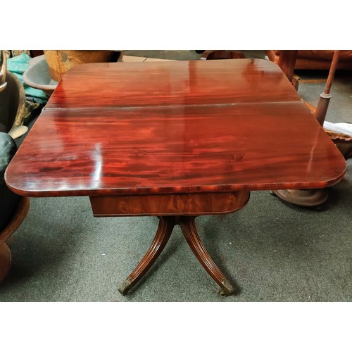 49 - MAHOGANY GILT INLAID FOLD OVER TABLE WITH INTERIOR COMPARTMENT. APP. 73CM H x 94CM W x 91.5CM D