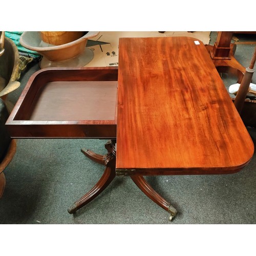 49 - MAHOGANY GILT INLAID FOLD OVER TABLE WITH INTERIOR COMPARTMENT. APP. 73CM H x 94CM W x 91.5CM D