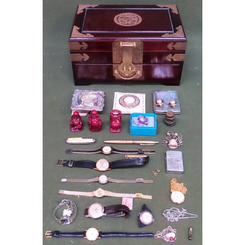 297 - Oriental style jewellery casket, plus costume jewellery, watches, coinage and other sundries