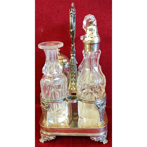 277 - HALLMARKED SILVER AND GLASS FOUR PIECE TABLE CRUET SET ON BALL AND CLAW SUPPORTS, VARIOUS ASSAYS AND... 