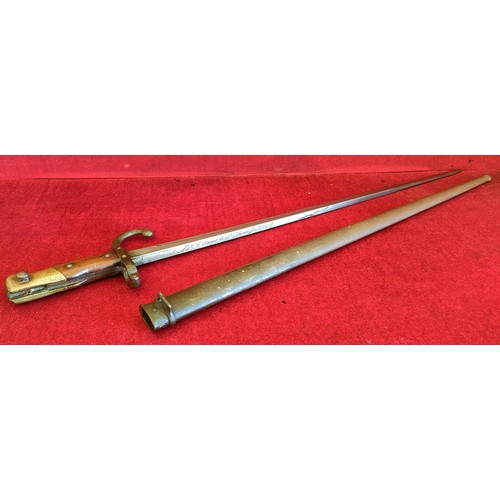 260 - 1878 FRENCH MILITARY BAYONET WITH SCABBARD, ENSCRIBED TO BLADE. APP. 64CM L (TOTAL), APP. 52.5CM L (... 