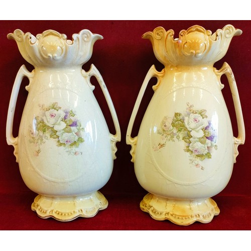 230 - PAIR OF VICTORIAN GLAZED TWO HANDLED CERAMIC VASES, WITH HANDPAINTED AND GILDED DECORATION. APP. 39.... 