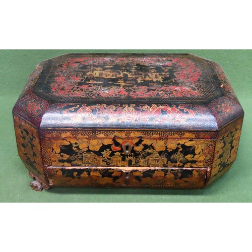 13 - 19th century inlaid and lacquered sewing casket with pull out drawer and fitted interior