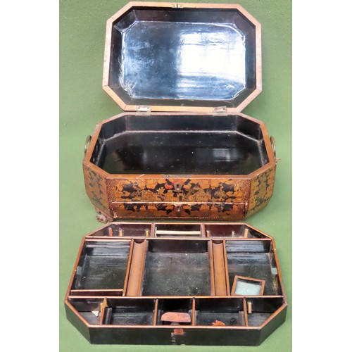 13 - 19th century inlaid and lacquered sewing casket with pull out drawer and fitted interior