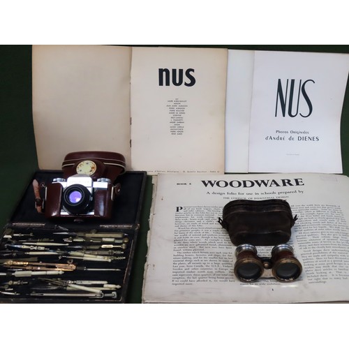 247 - Sundry lot including Zeiss Icon Contraflex camera, Verres opera glasses, NUS books, Burslems school ... 