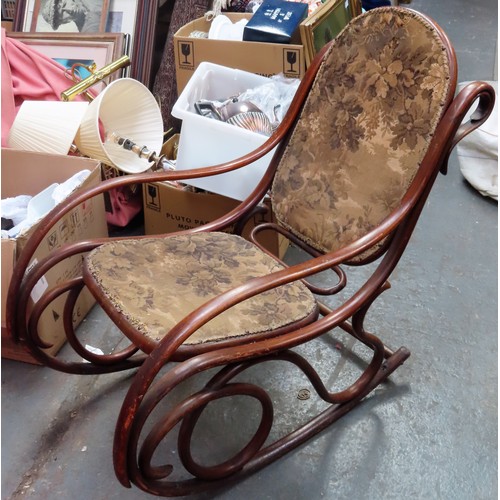 144 - Vintage Thonet upholstered bentwood rocking chair. App. 92cm H x 54cm Wx 90cm D