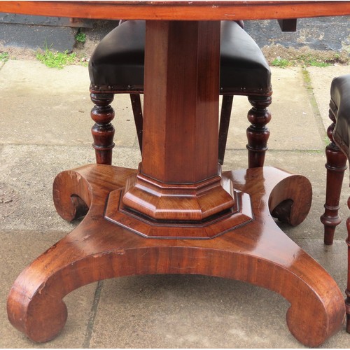 59 - 19th century mahogany oval tilt topped breakfast table on quadrofoil supports, plus four mahogany ba... 