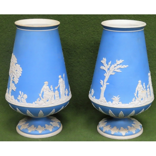 8 - Pair of Wedgwood blue Jasperware style unglazed ceramic stemmed vases. Approx. 22cms H